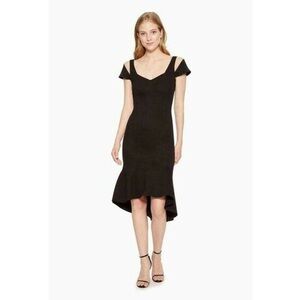 Parker Grace Dress Midi Cap Mesh Sleeve Ruffle Hem Black Size 6 Crepe Cocktail